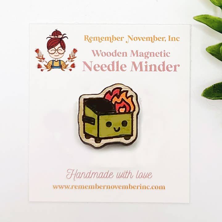 Dumpster Fire Needle Minder, Wooden Magnetic Needle Minder for wholesale by Remember November, Inc