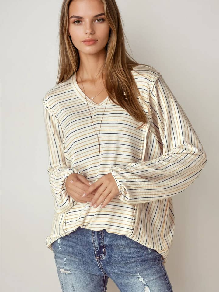 Rib Stripe Let Pullover Med Rå Kant - 14354T for engroshandel hos Doe and Rae