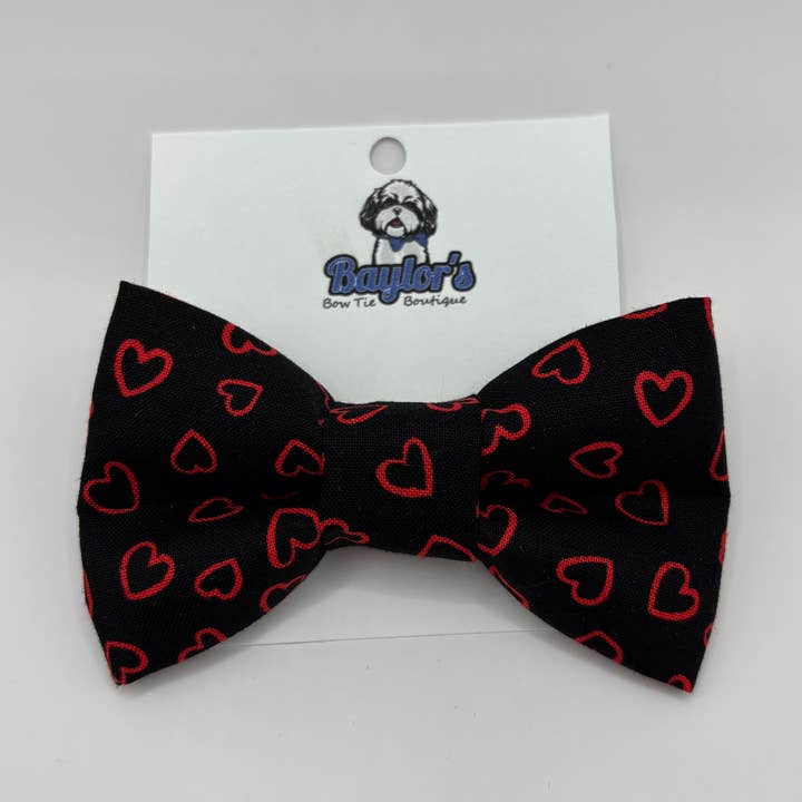 Black w/red hearts dog bow , Valentine’s Day pet bow ties for wholesale by Baylor's Bow Ties