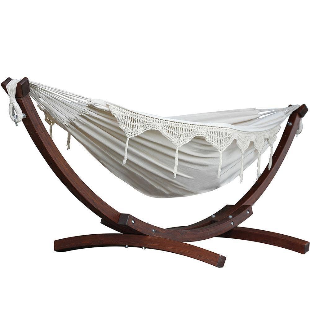 Vivere Outdoor Pty Ltd - Wholesale Hammock - Double Cotton Hammock with Solid Pine Stand 260cm (FSC Certified) Natural with Fringe0