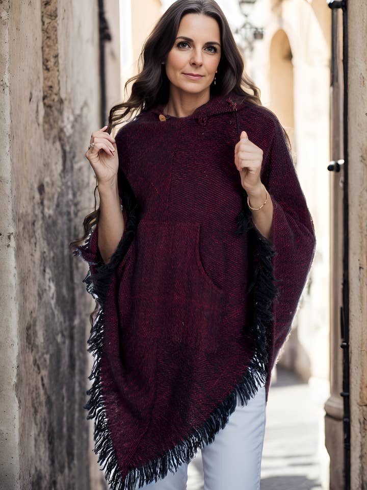 Burgundy Winter Ponchos with Fringes for wholesale by Kimago Look