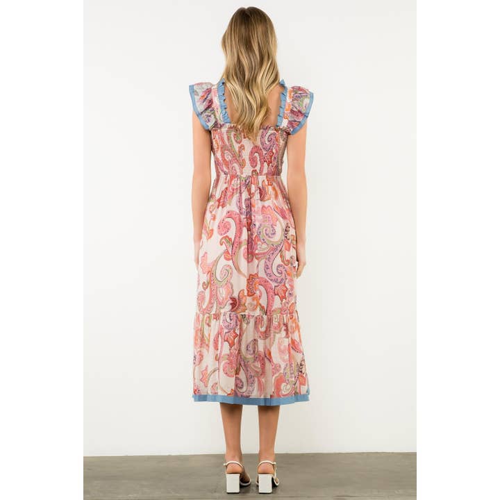THML - Vendita all'ingrosso Vestito - Donna - Abito lungo con maniche a farfalla arricciate e stampa paisley