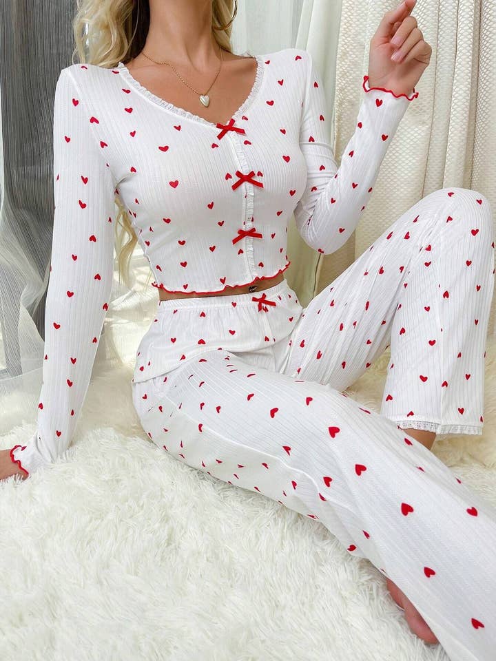 Heart Print Lettuce Trim Bow Front Pajama Set for wholesale by Rosa Clothing