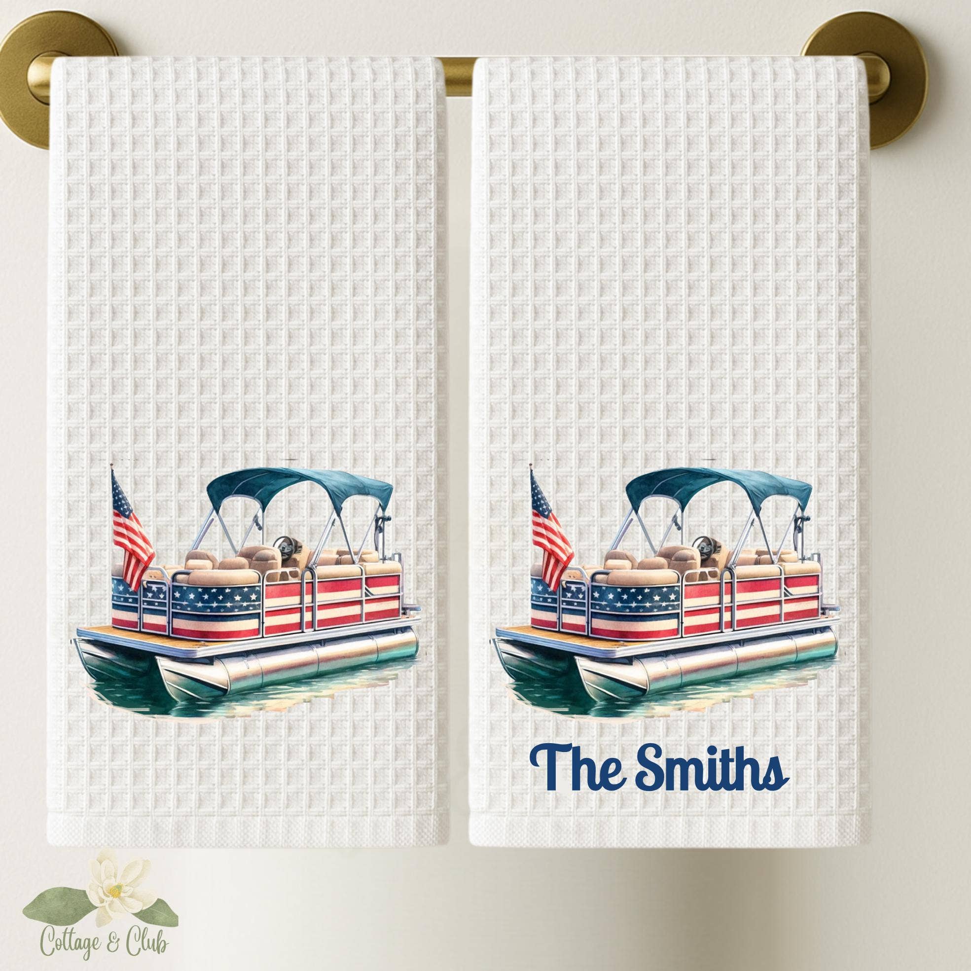 Cottage & Club - Wholesale Tea Towel - Preppy Patriotic Tea Towel Set | Red, White & Blue American Decor | 4th of July Decorations  Pontoon Boat Custom Name Kitchen Decor Gift0