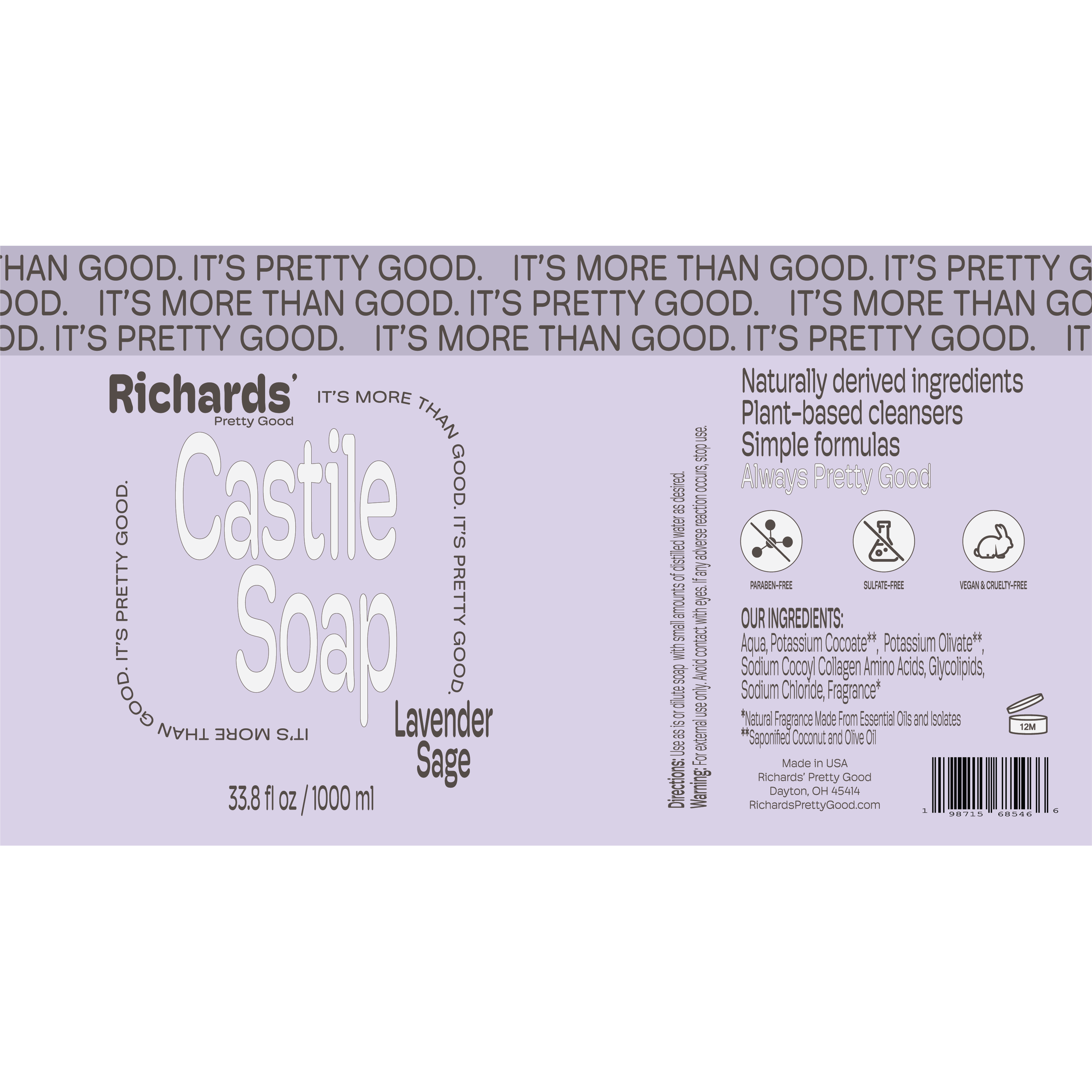 Richards' Pretty Good - Wholesale Body Wash/Shower Gel - Castile Soap - Lavender Sage - 1000 ml2