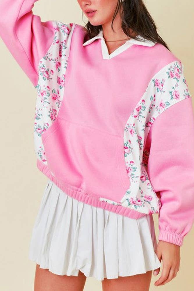 Rosa Blommiga lapptäckfickor Stående krage Pullover Top CY170 för wholesale på Faire6