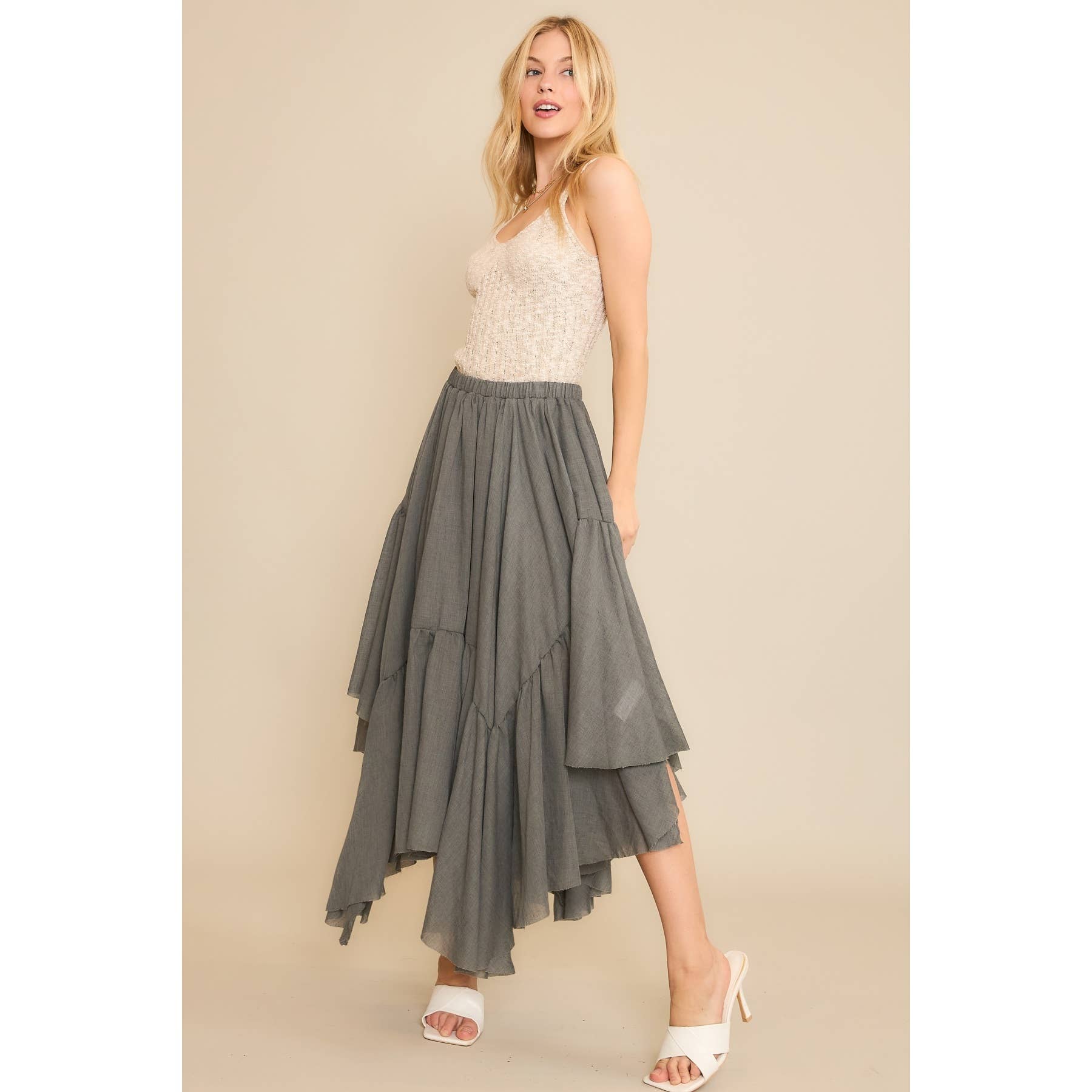 Sweet Generis - Wholesale Skirt - Women's -  Asymmetrical Raw-Edge Ruched Skirt - Charcoal9