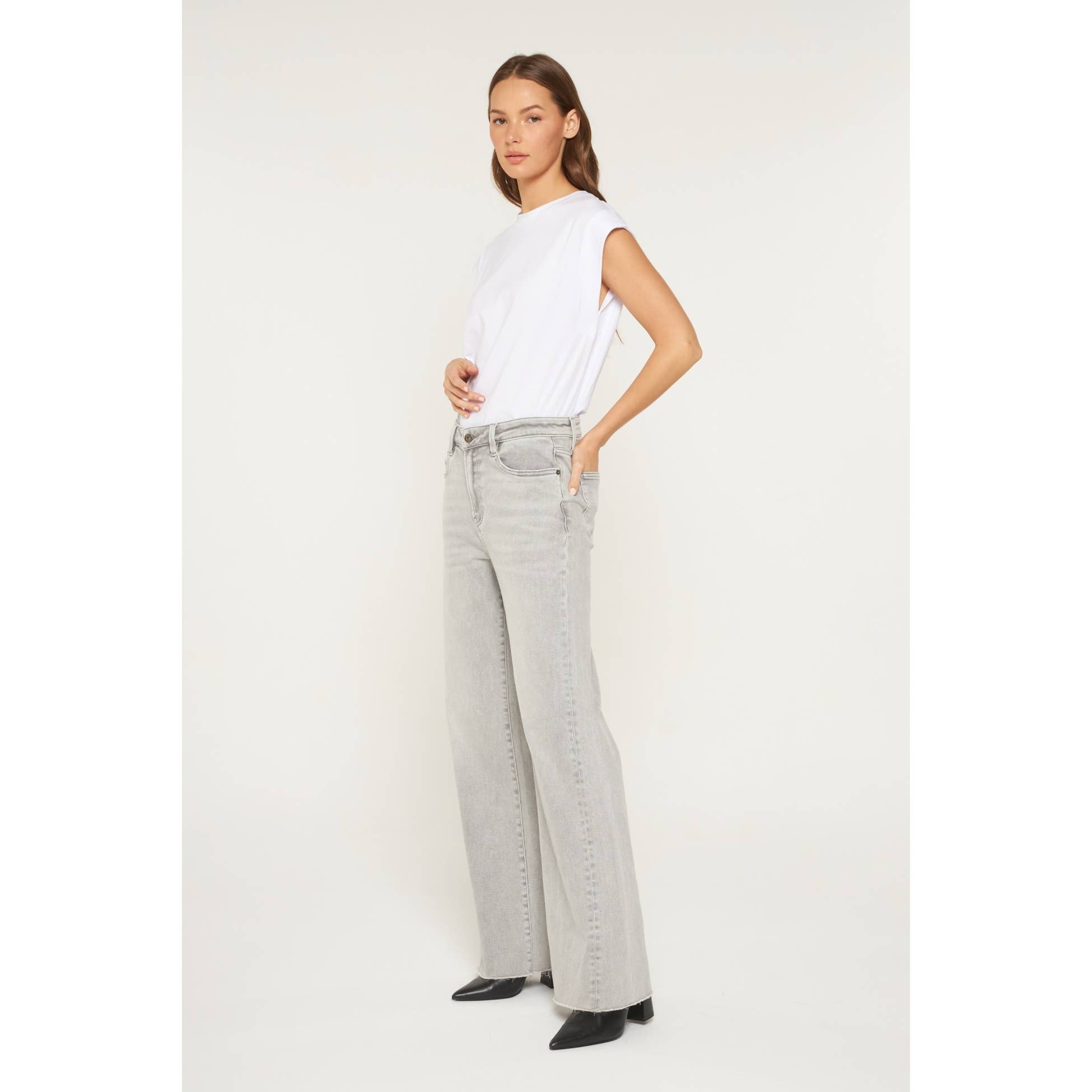 PLATINUM GREY SUPER HIGH WIDE LEG WITH RAW HEM for wholesale on Faire4
