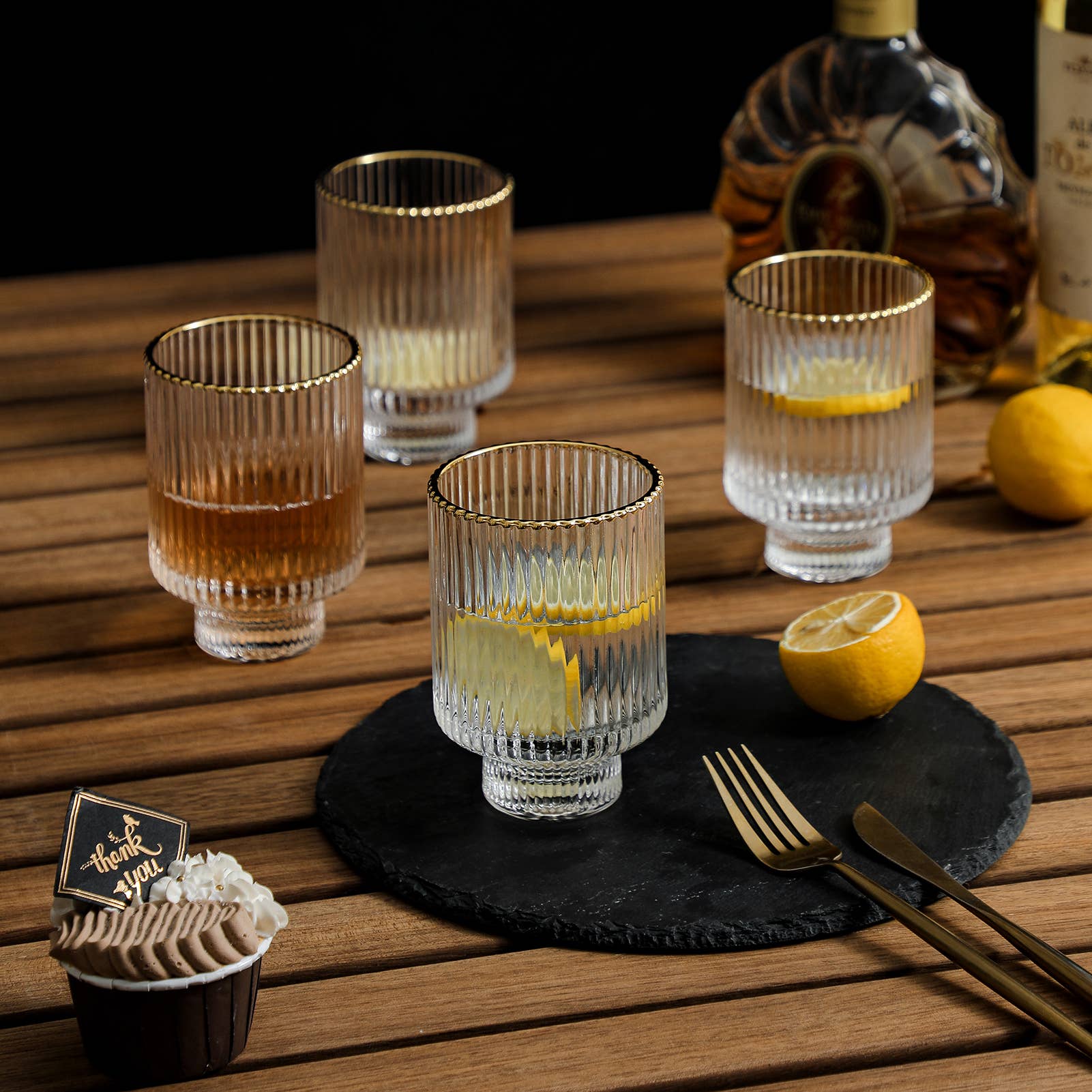Everest Global - Wholesale Drinking Glass/Cup - Origami Style Glass Cup Set of 6 Gold Rim4