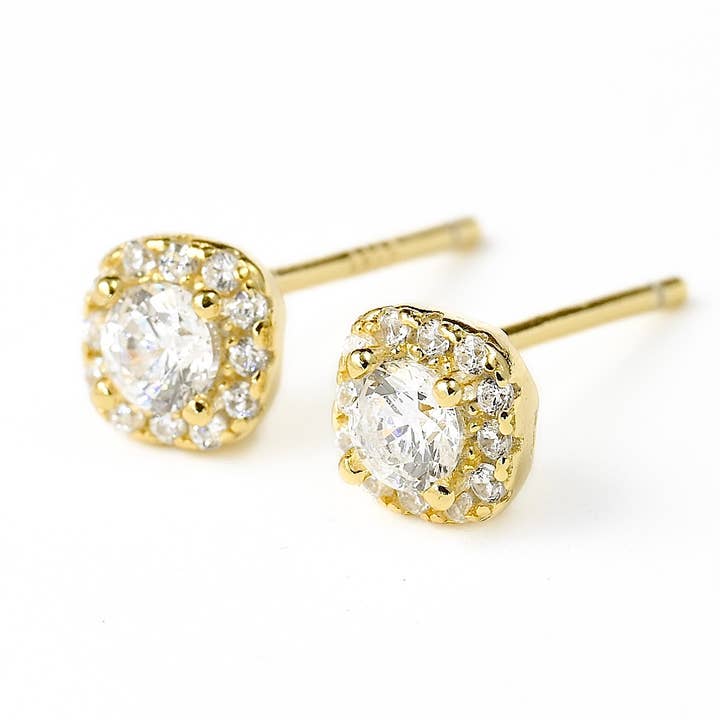 Halo Cushion Diamond Studs - 925 Silver Small CZ Earrings for wholesale by Blueyejewelry