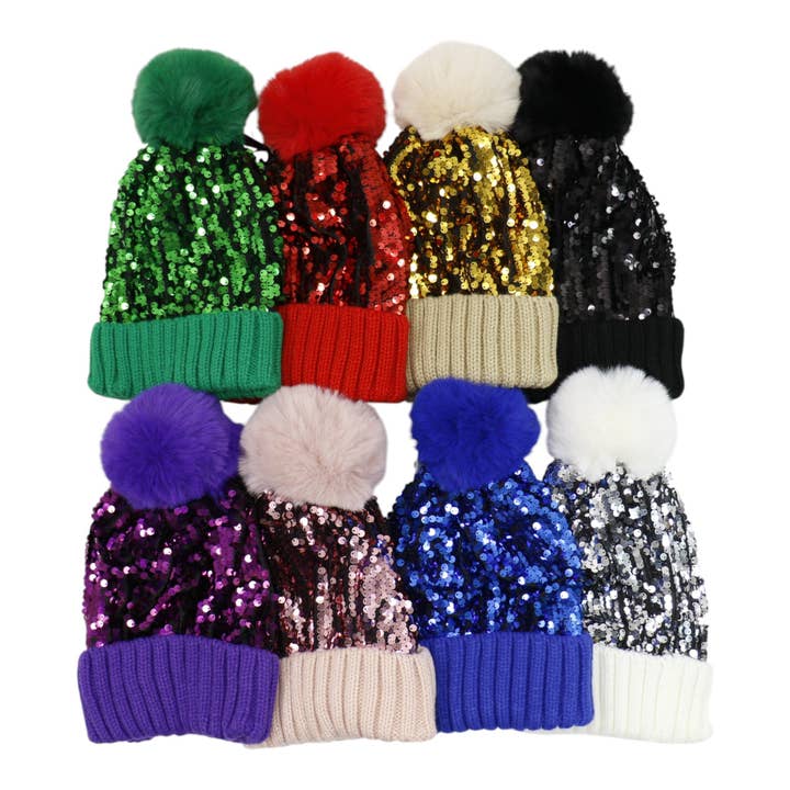 TAPA fashion - Wholesale Beanie – Women's - Pom Pom Sequin Beanie HA3715-1 (3PC)35