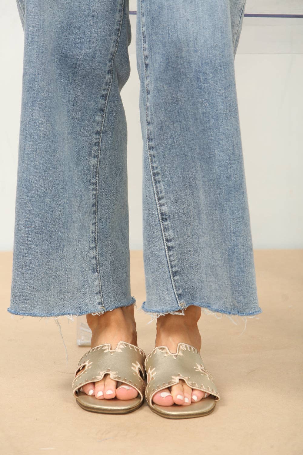 GOLD FAUX LEATHER STITCH DETAIL DESIGNER STRAP SANDALS for wholesale on Faire4