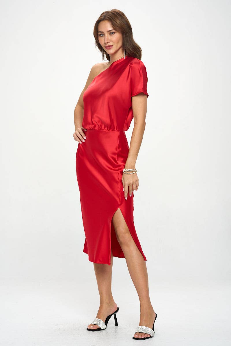 Red Made in USA Stretch Satin One Shoulder Dress for wholesale on Faire1