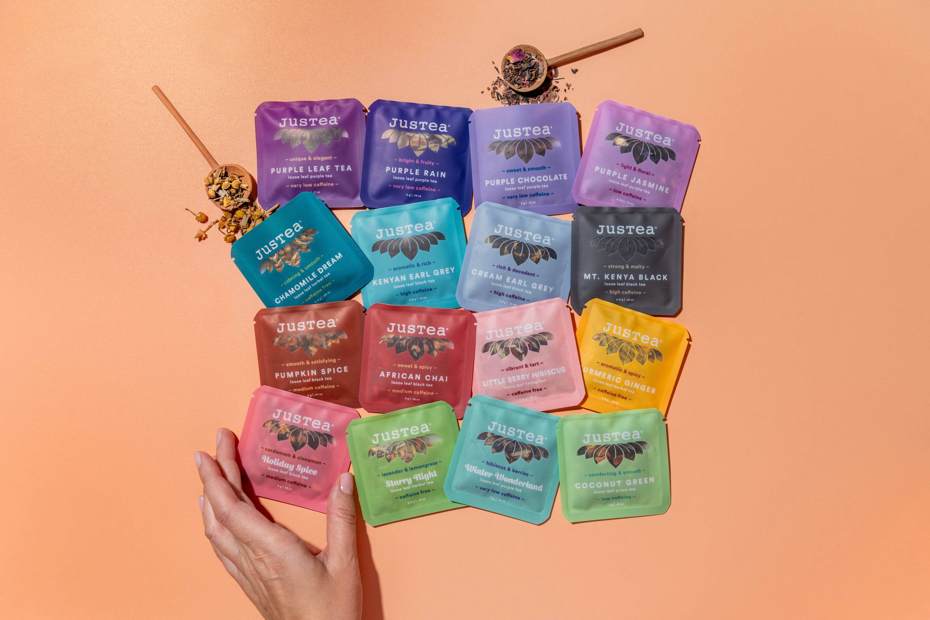 JusTea (No Import Fees to USA) - Wholesale Loose Tea - TEA SAMPLER Variety No. 1 = 5 Tea Blends in 25 Mini Pouches1