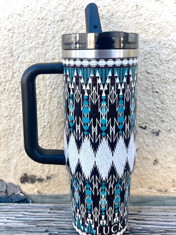 Teal Black Ivory Printed Flip Straw Tumbler (30oz) for wholesale by LUCKY & BLESSED