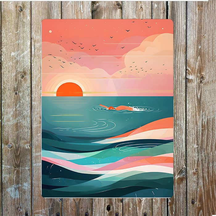Seascape Illustration At Sunset Swimmer Metal Sign Plaque for wholesale by The British Metal Signs Company