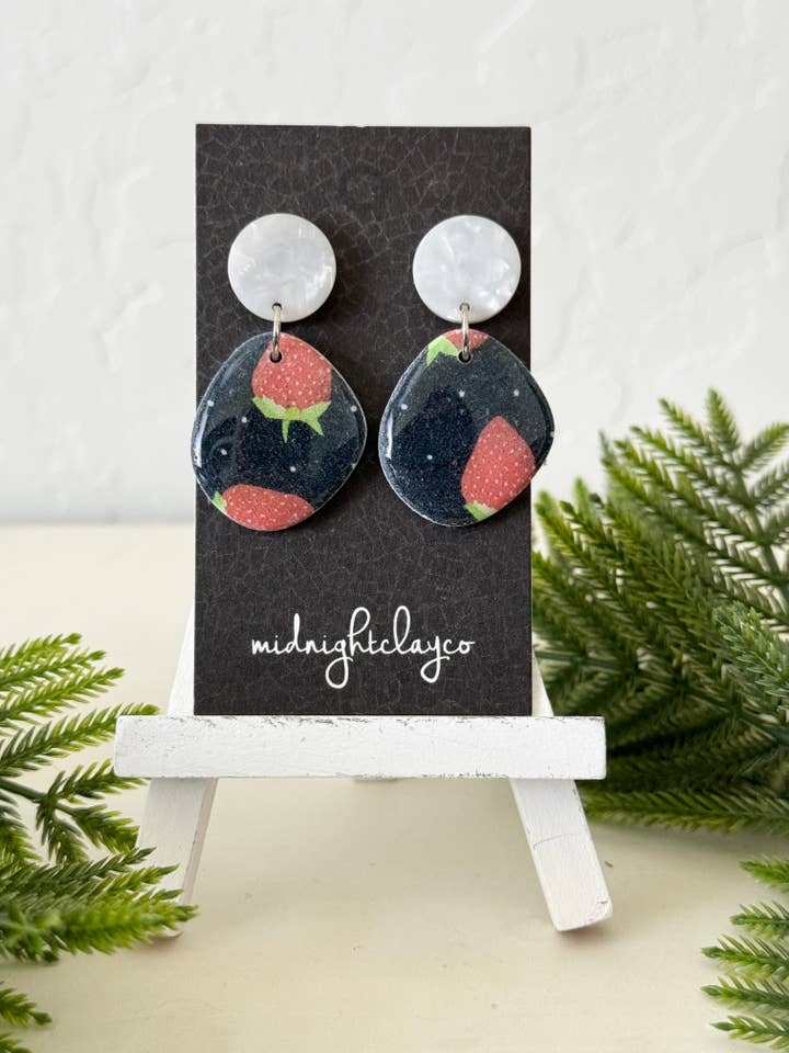 pendientes con estampado de fresas, azules, verano, joyería divertida, fruta para venta al por mayor de midnightclayco