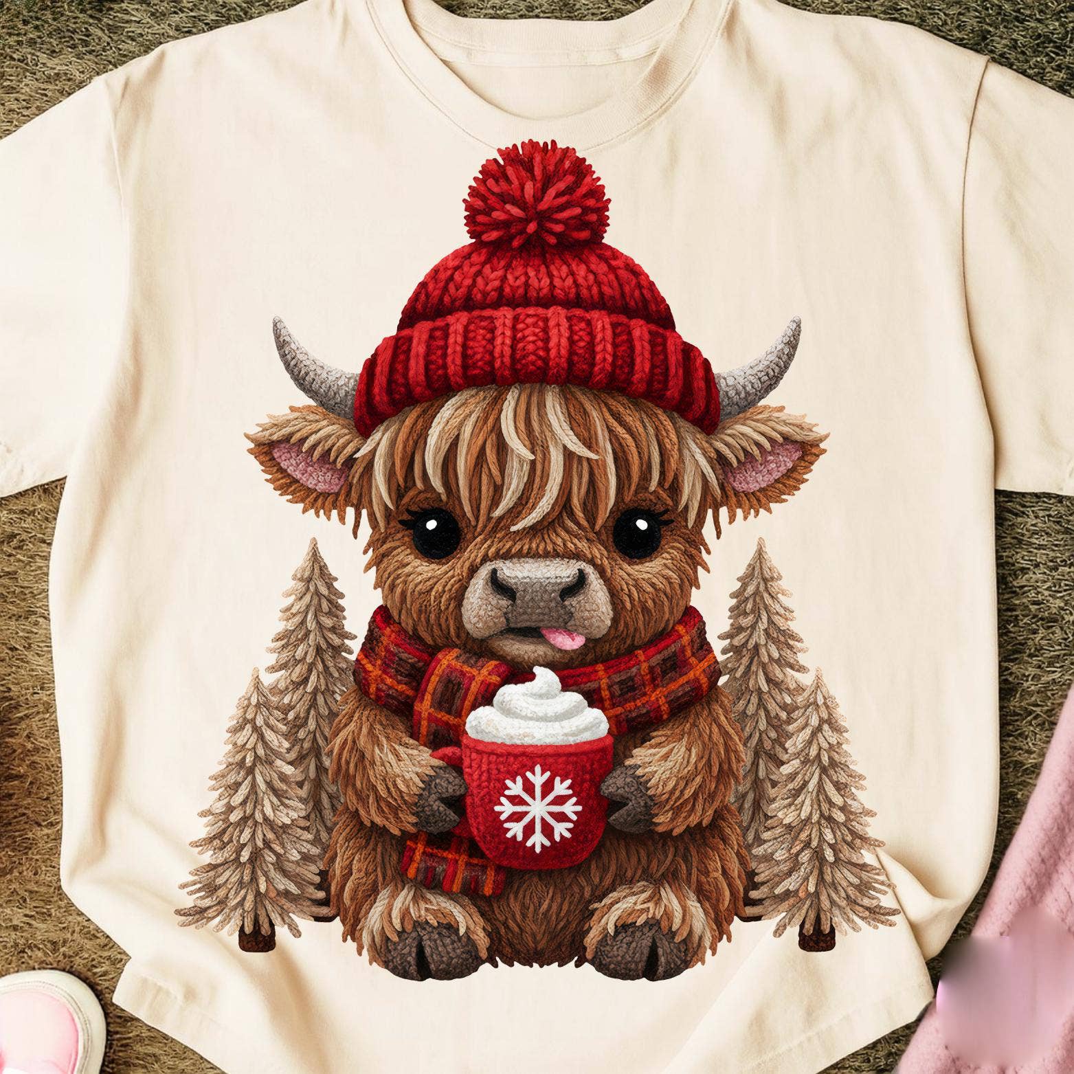 DLT Ecommerce – Großhandel T-Shirt (Grafikdruck) – Damen – Faux-Häkel-Highland-Kuh-T-Shirt, Gemütlicher Weihnachtskuh-Pullover3