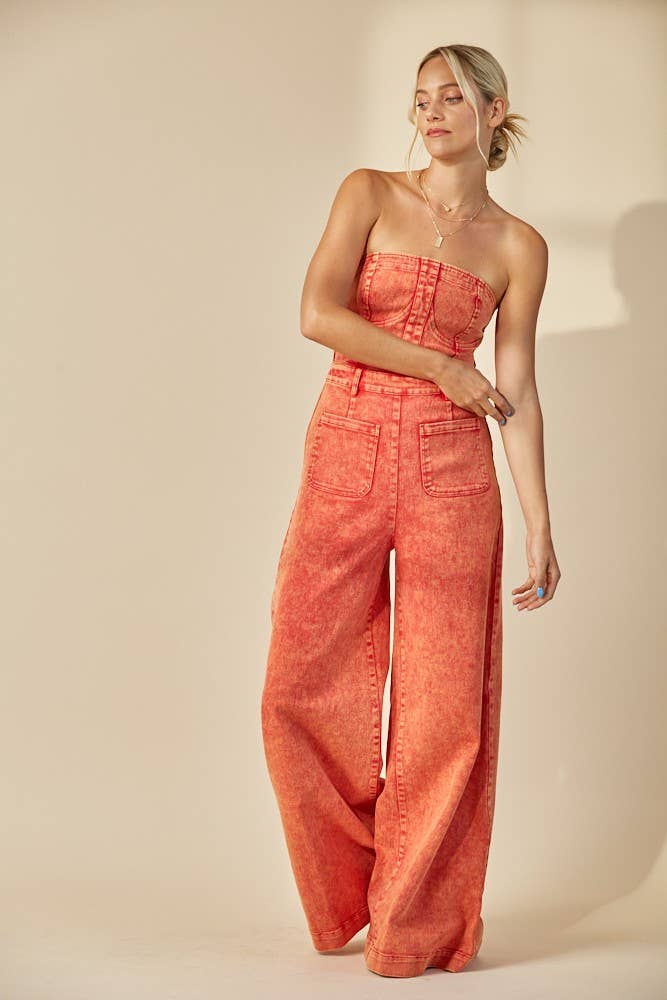 BOHO MINERAL WASH WIDE LEG DENIM JUMPSUIT 4406DEEP RUST  for wholesale on Faire6