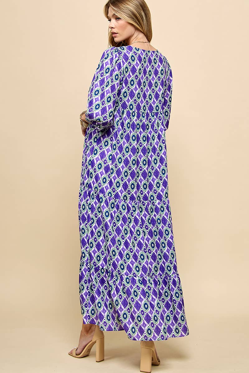 Cezele - Wholesale Dress - Women's - 3/4 Lantern Sleeve Print Boho Maxi Dress23