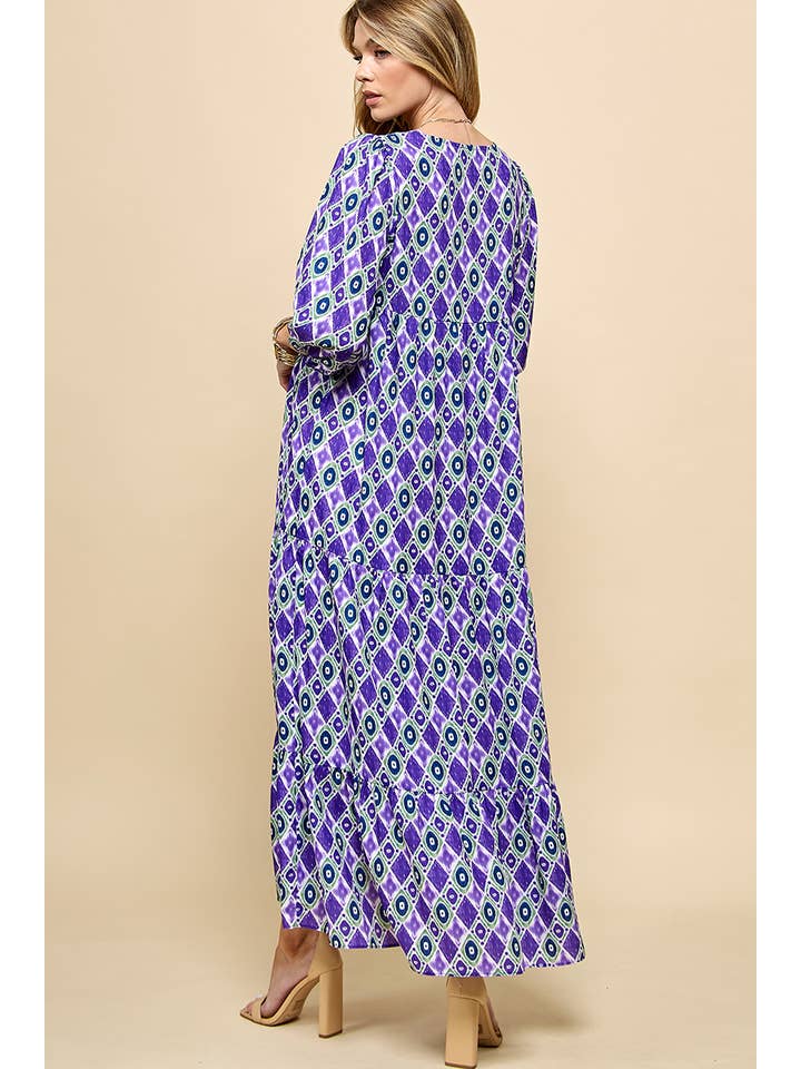 Cezele - Wholesale Dress - Women's - 3/4 Lantern Sleeve Print Boho Maxi Dress23