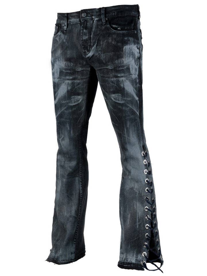 Blå Tvättade sidan snörning utsvängda jeans för wholesale på Faire