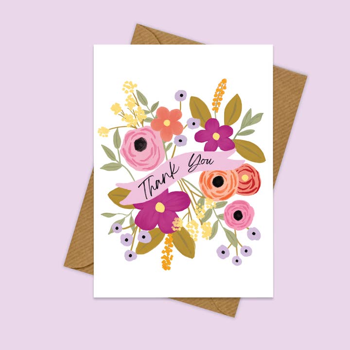 Flowers Thank You Card. Whimsical Floral Thank You Card for wholesale by Moonbean Designs
