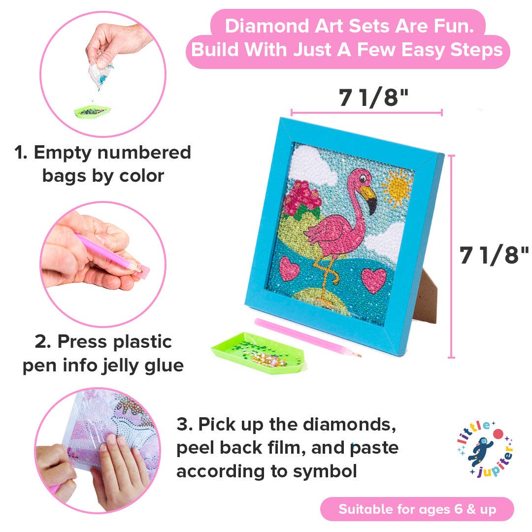 AYK Brand – wholesale DIY craft kit – Child – Diamond Art Kit Set 7 1/8" x 7 1/8" with Frame (Flamingo with Blue Frame)2