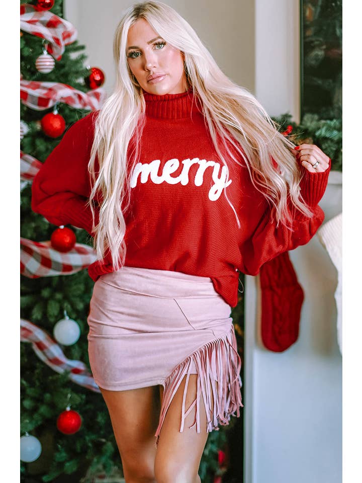 PRETTY BASH - Wholesale Knit Sweater - Women's - Christmas Merry Embroidered Puff Sleeve Turtleneck Sweater2