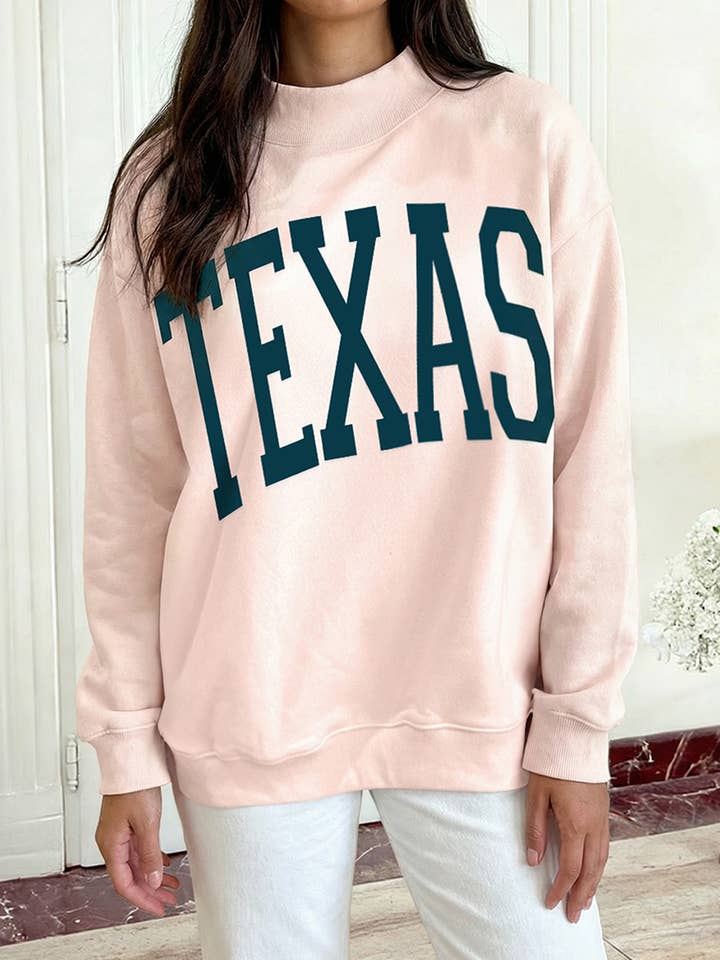 TEXAS Letter Printed Mock Neck Baggy Sweatshirt for wholesale by 1 the Woman