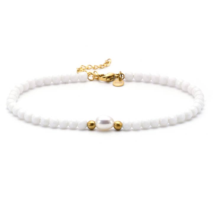 Gold and white beaded anklet for wholesale by SIXTY STONES