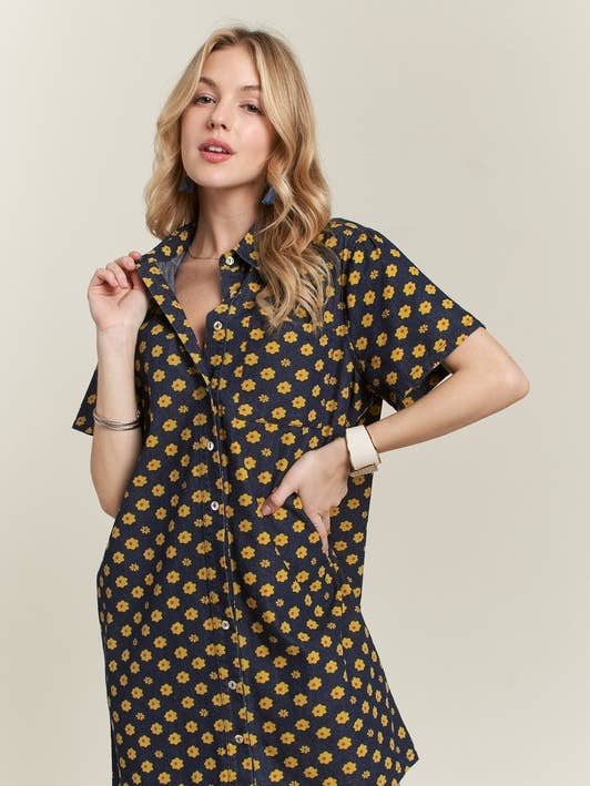 BUTTON DOWN DENIM SHIRT DRESS - CED3508D for wholesale by ADORA LA