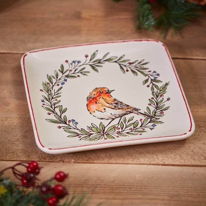 Langs - Wholesale Decorative Plate/Dish/Bowl - Xmas Robin Square Plate White Debossed Stoneware With Wreath0