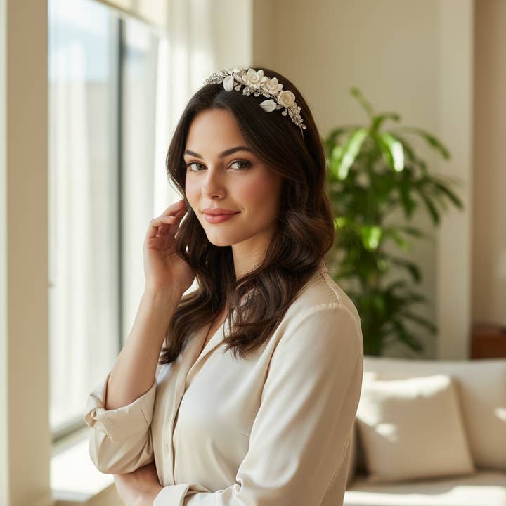 ATHENA COLLECTION - EXQUISITE ROSE HEADBAND - AHB197 SILVER for wholesale by Athena Bridal Jewellery