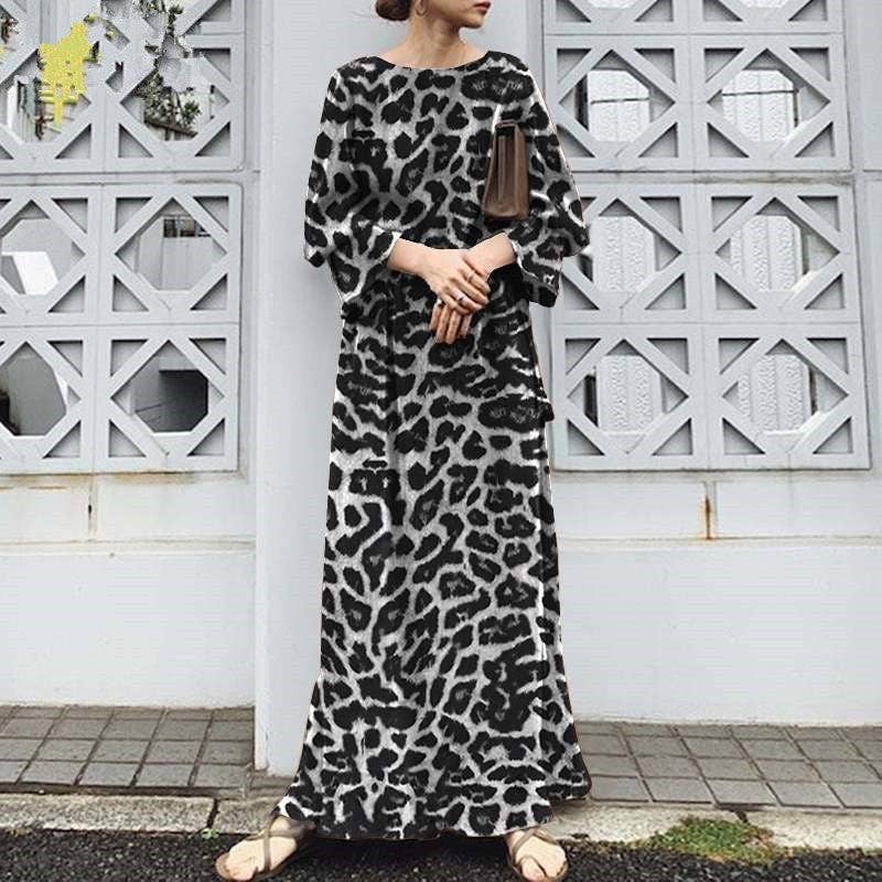 Plush Looks – wholesale Dress – Women's – Leopard Print Long Sleeve Maxi Dress0