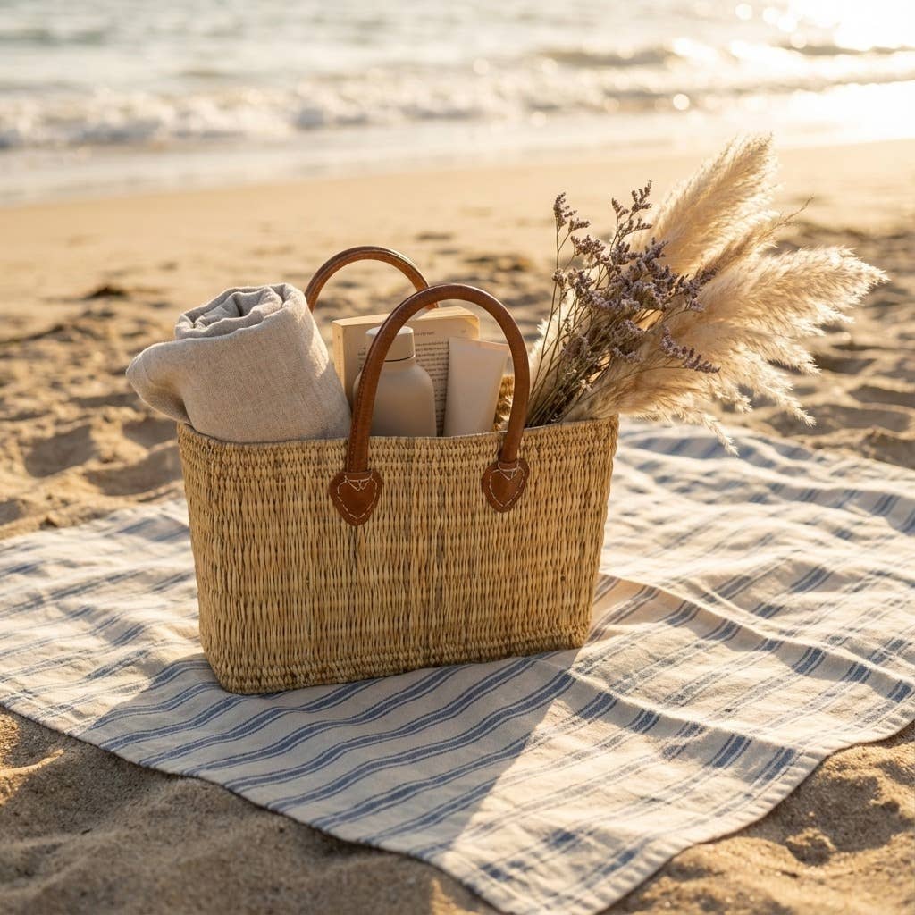 Melecraft - Wholesale Basket - Reed Market Basket Leather Handles - Natural Woven Tote Bag15