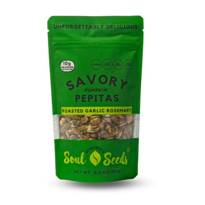 Soul Seeds - Savory Pepitas - Roasted Garlic Rosemary 3.2oz for wholesale by BennyBoy's Soul Seeds