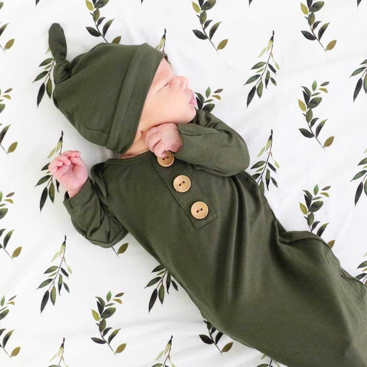 Solid Olive Bamboo Baby Knot Gown & Hat for wholesale by Caden Lane