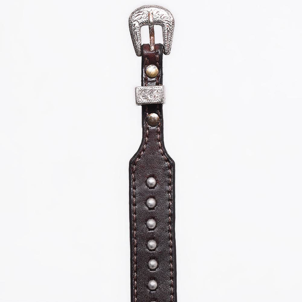 LS Western - Wholesale Belt - Unisex - ADHTBR103 Western Studded Brown Leather Hatband with Engraved Silver Buckle2