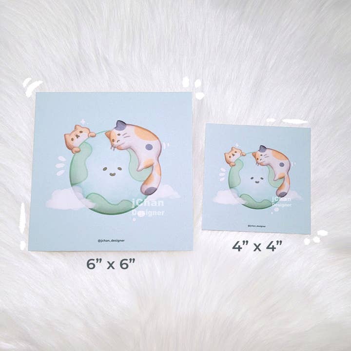 Calico Cat Shiba Inu Dog Hugging Earth, Cute Square Art Print, Kawaii Kitten Puppy Earth Day Home Decor 4"x4" 6"x6" for wholesale by jChan Designer