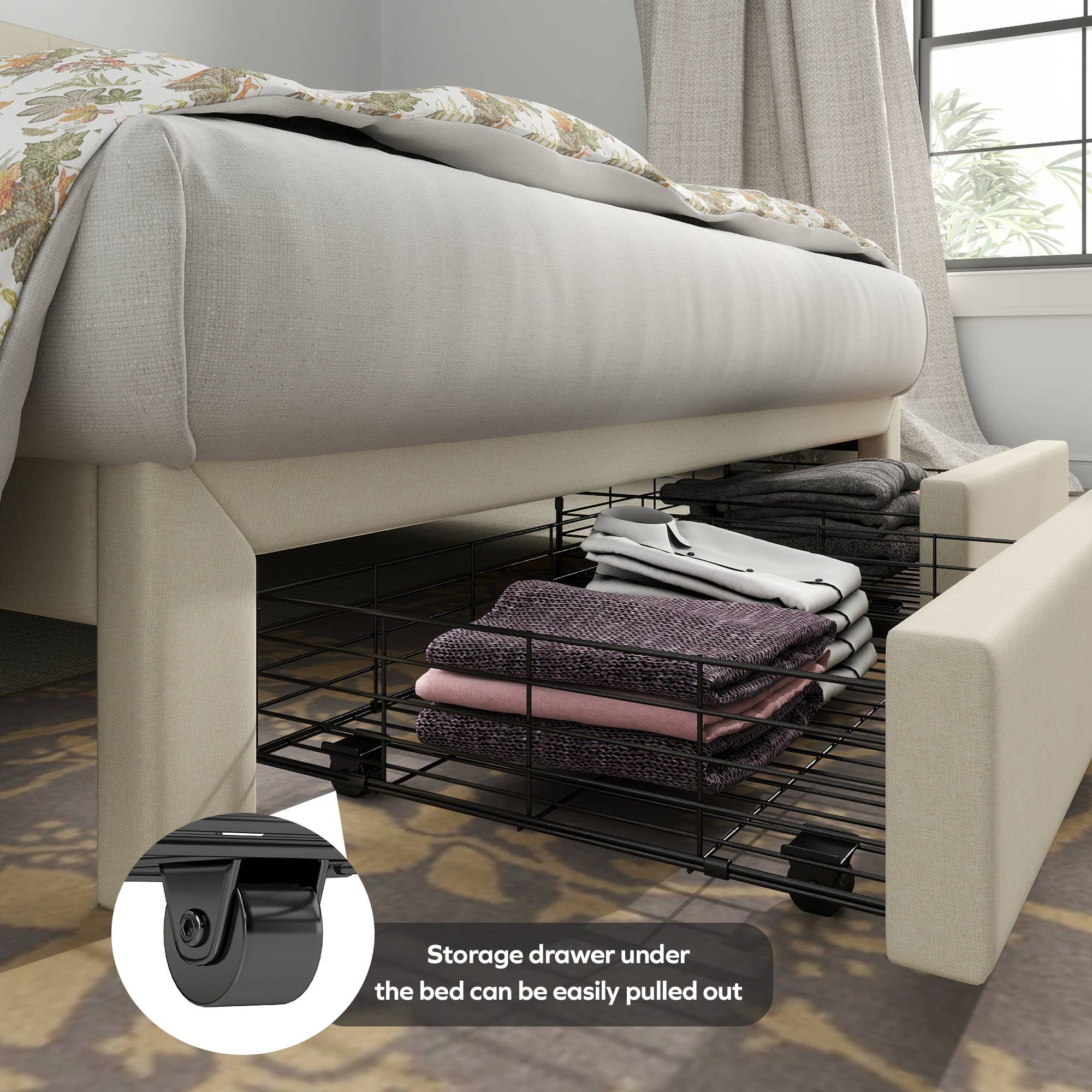 39F Inc. - Wholesale Bed - Queen Size Upholstered Platform Bed Frame w 2 Drawers &USB2