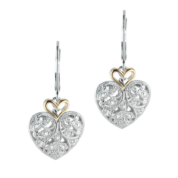 14K Yellow Gold+Silver with Rhodium Finish Shiny Textured Fancy Heart Leverback Earring for wholesale by The Diamond Deal