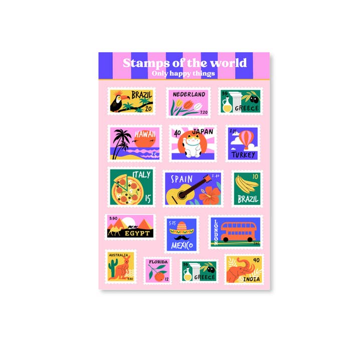 StickervelStamps of the world A6 for wholesale by Only Happy Things Stationery