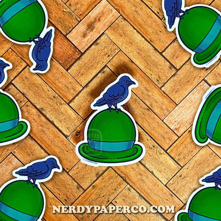 Crow on a Hat - Hand Drawn Waterproof Vinyl Sticker for wholesale by NERDY PAPER CO.