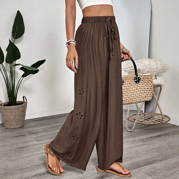 Brown Lace-Up Embroidered Solid Color Wide-Leg Pants for wholesale on Faire2