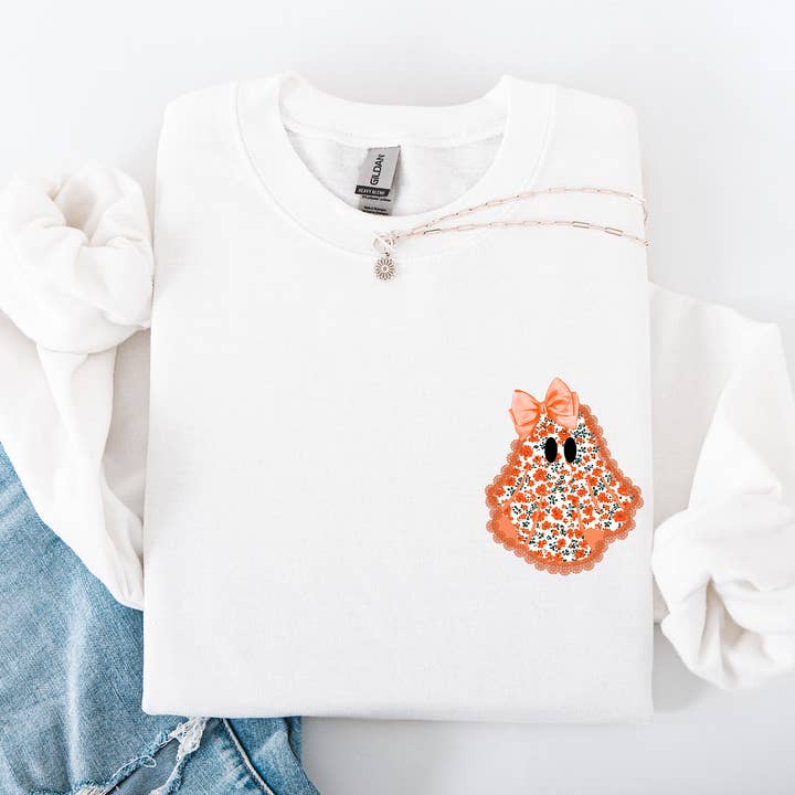 Cute Coquette, Faux Lace Ghost, Halloween, Pocket Sweatshirt for wholesale by Refinery Number One LLC