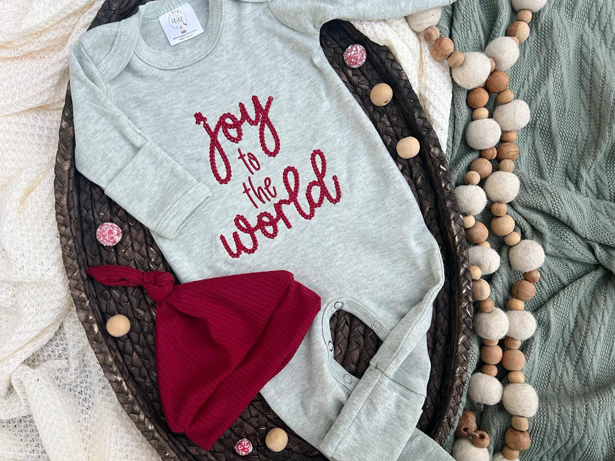 Wonderfully Made - Wholesale Jumpsuit - Baby - Baby Romper | Joy To The World Sage Baby Outfit- Christmas0