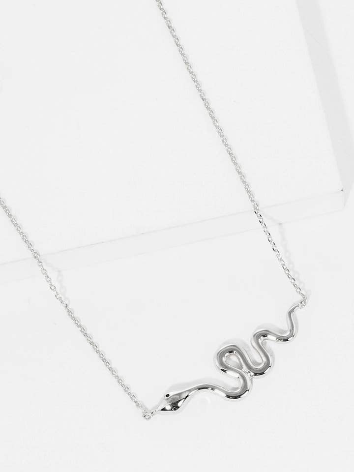 White Gold Dipped Brass Snake Pendant Necklace for wholesale by Wild Honey
