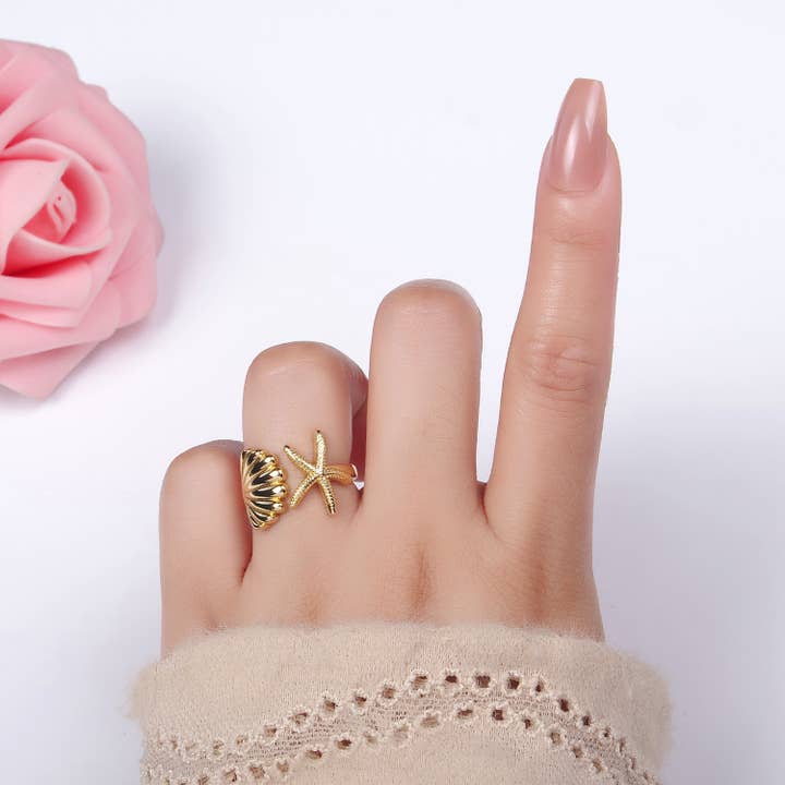 Aim Eternal - Wholesale Cocktail/Statement Ring - The Ariel Gold Clam Shell Star Fish Beach Adjustable Ring