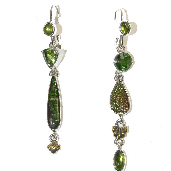 Ammolite Peridot Drusy Sterling zilveren bengeloorbel voor wholesale door Amy Kahn Russell